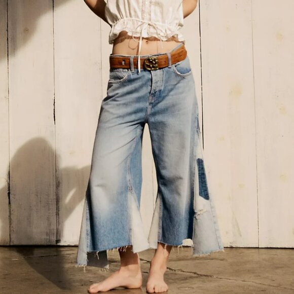 VINTAGE Free People We The Free Ripple Wide-Leg Pieced Cropped Jeans — Size 26 - Picture 2 of 5